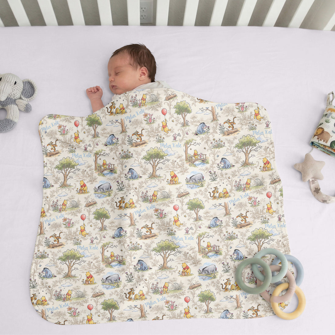 Personalized Baby Blanket – Winnie The Pooh Toile Storybook Nursery Blanket With Satin Trim