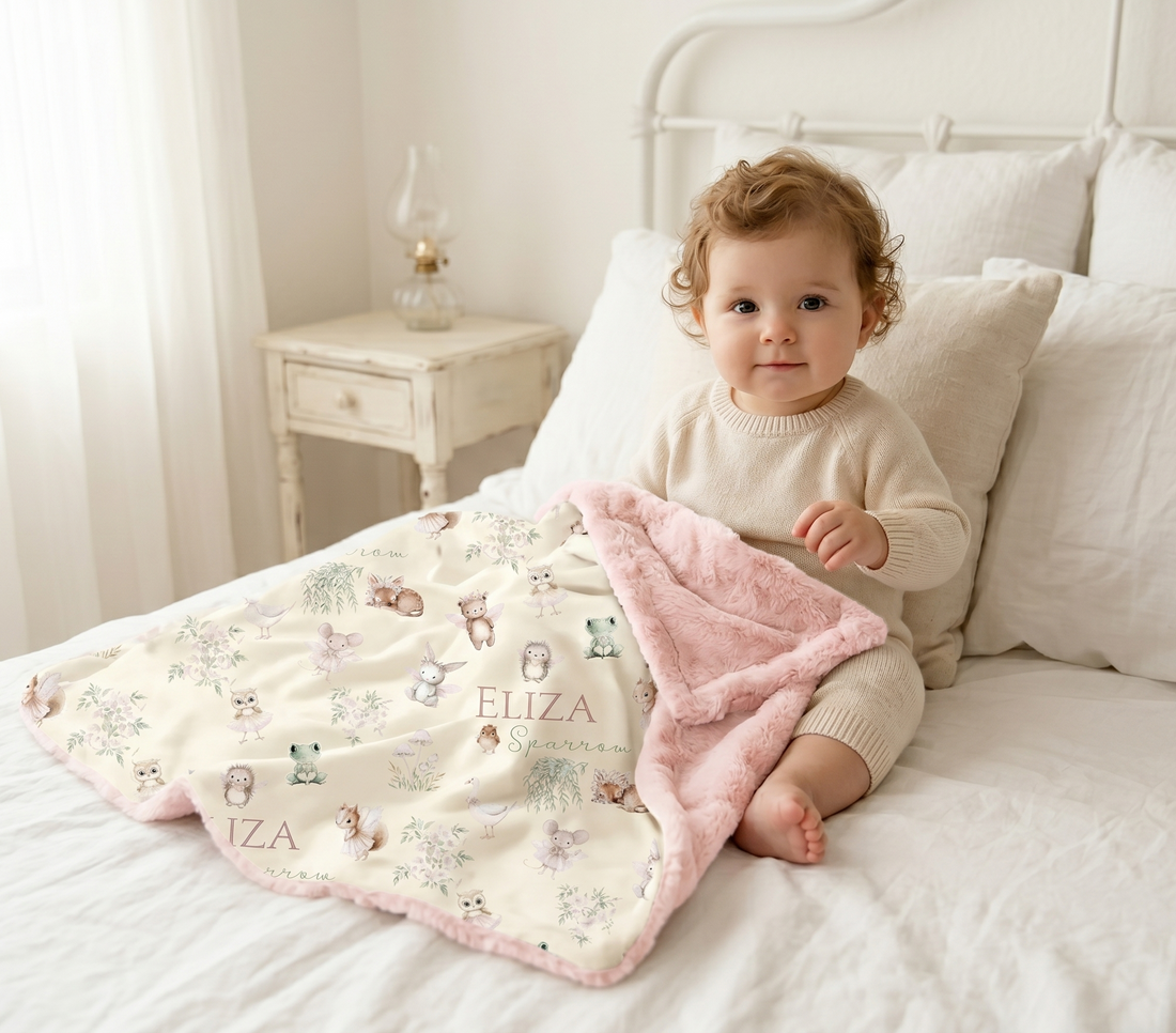Personalized Woodland Fairy Baby Deluxe blanket with pink fur backing featuring woodland animals, fairies, and a baby girl's name, displayed with a toddler in a nursery setting.