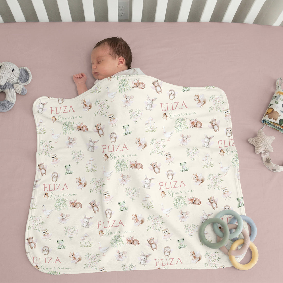 Personalized Baby Blanket – Woodland Animal Blanket with Satin Trim Edge, Pink Keepsake
