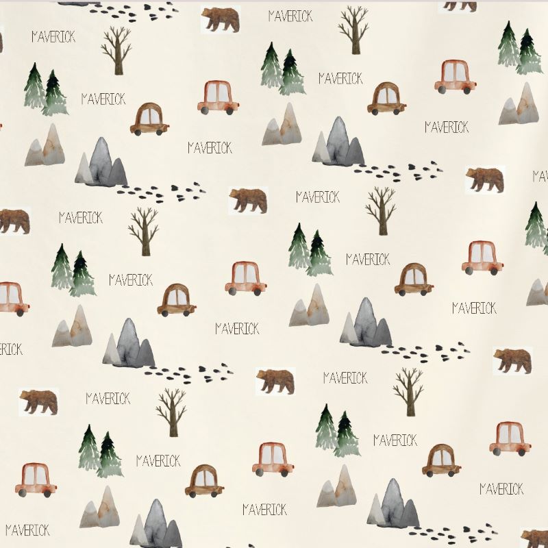 a repeating pattern of various objects and text related to the word "Maverick", including a bear, a car, a tree, and mountains.