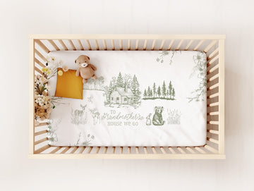 "To Grandmother's House We Go" Toile Crib Sheet • Cottage-Core Fitted Baby Sheet for Nursery