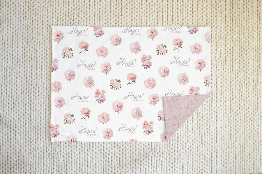 Pretty Peony Minky Baby Deluxe Blanket - Soft Pink Floral Print, Plush