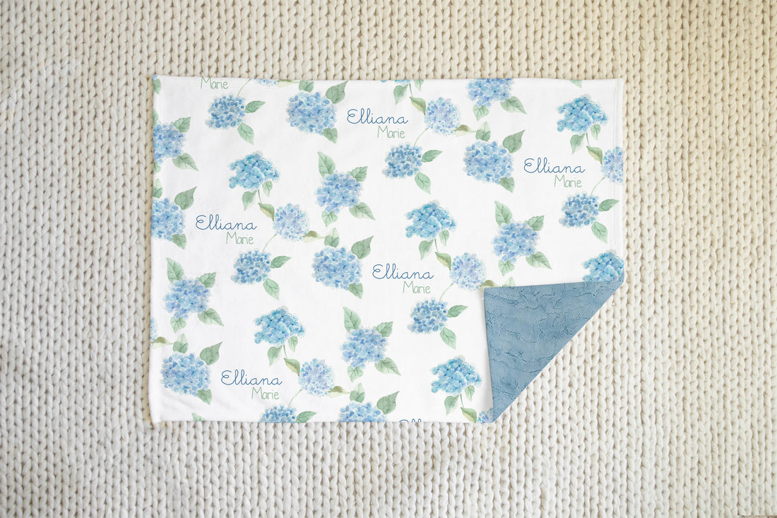 Hydrangeas Deluxe Minky Baby Blanket, Ultra Plush Light Blue Floral Blanket with Soft Minky Backing