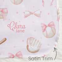 Baseballs and Bows Personalized Baby Girl Keepsake Blanket - Softball Nursery Gift
