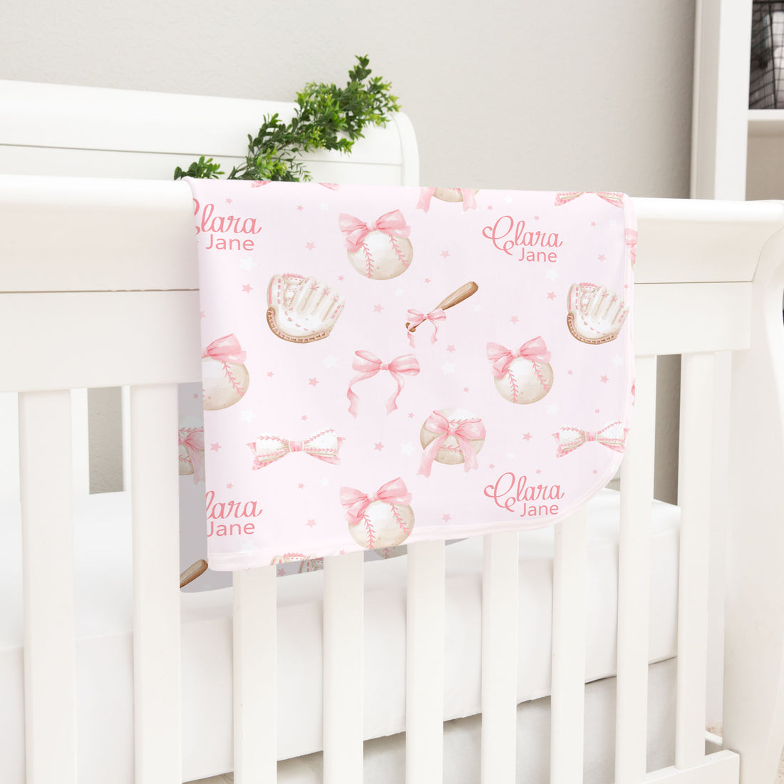 Baseballs and Bows Personalized Baby Girl Keepsake Blanket - Softball Nursery Gift