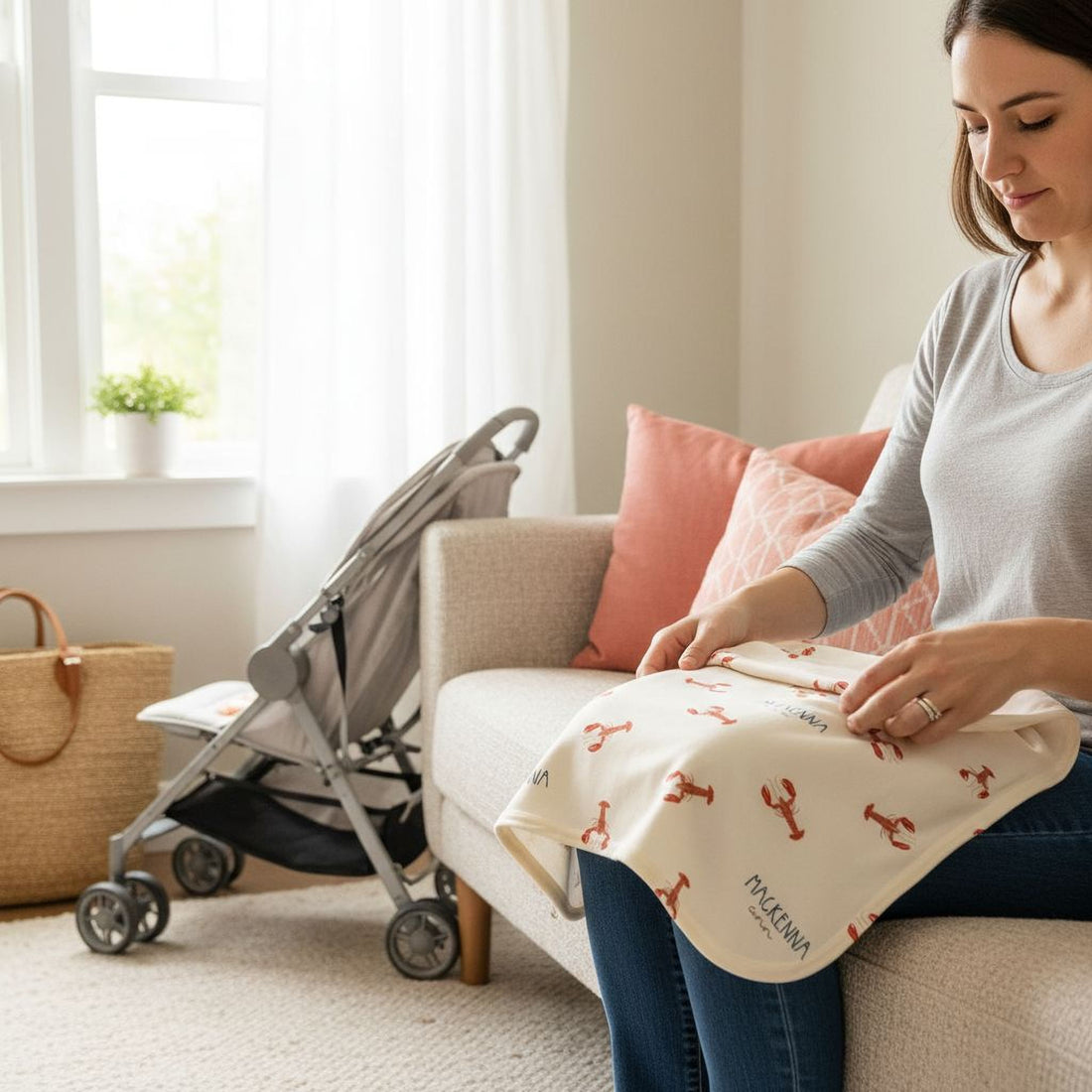A woman sits on a couch, holding a white cloth with red lobster designs, while a baby stroller is visible in the background.