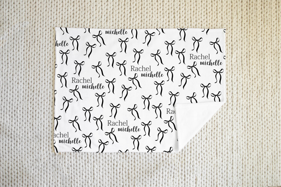 Personalized Baby Blanket – Black Bows Minky Baby Girl Blanket with Soft Faux Fur Backing