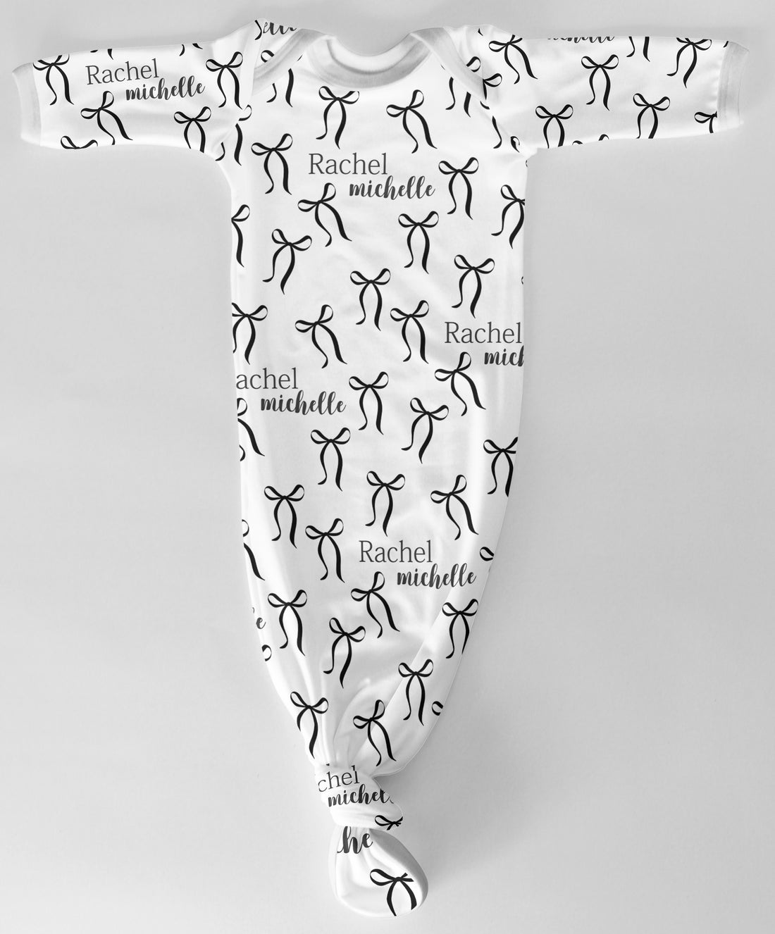 Personalized Baby Gown - Black Bows Print Long Sleeve Newborn Tie Bottom