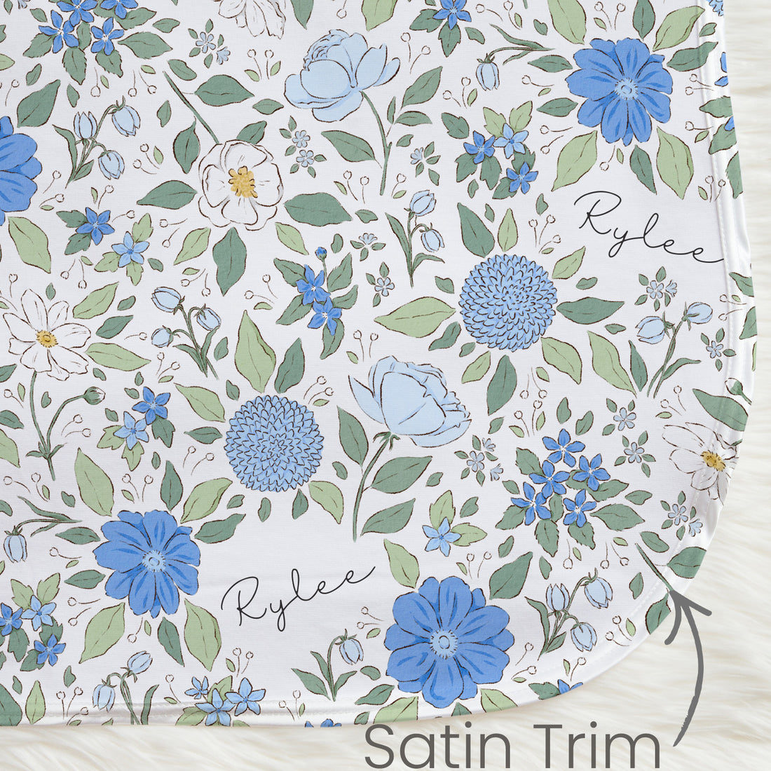 Personalized Baby Blanket - Blue Floral Receiving Blanket with Satin Trim