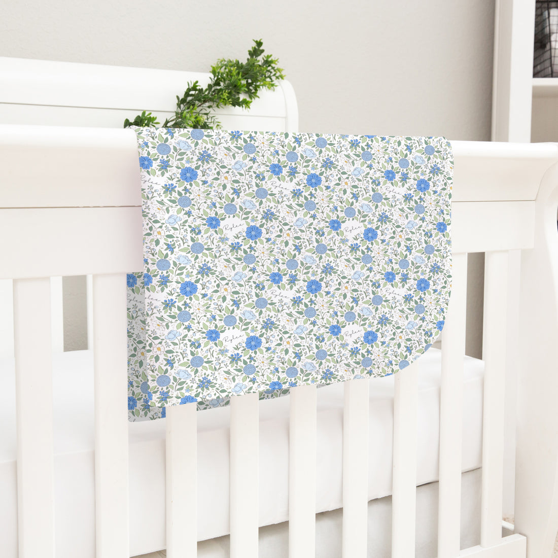 Personalized Baby Blanket - Blue Floral Receiving Blanket with Satin Trim