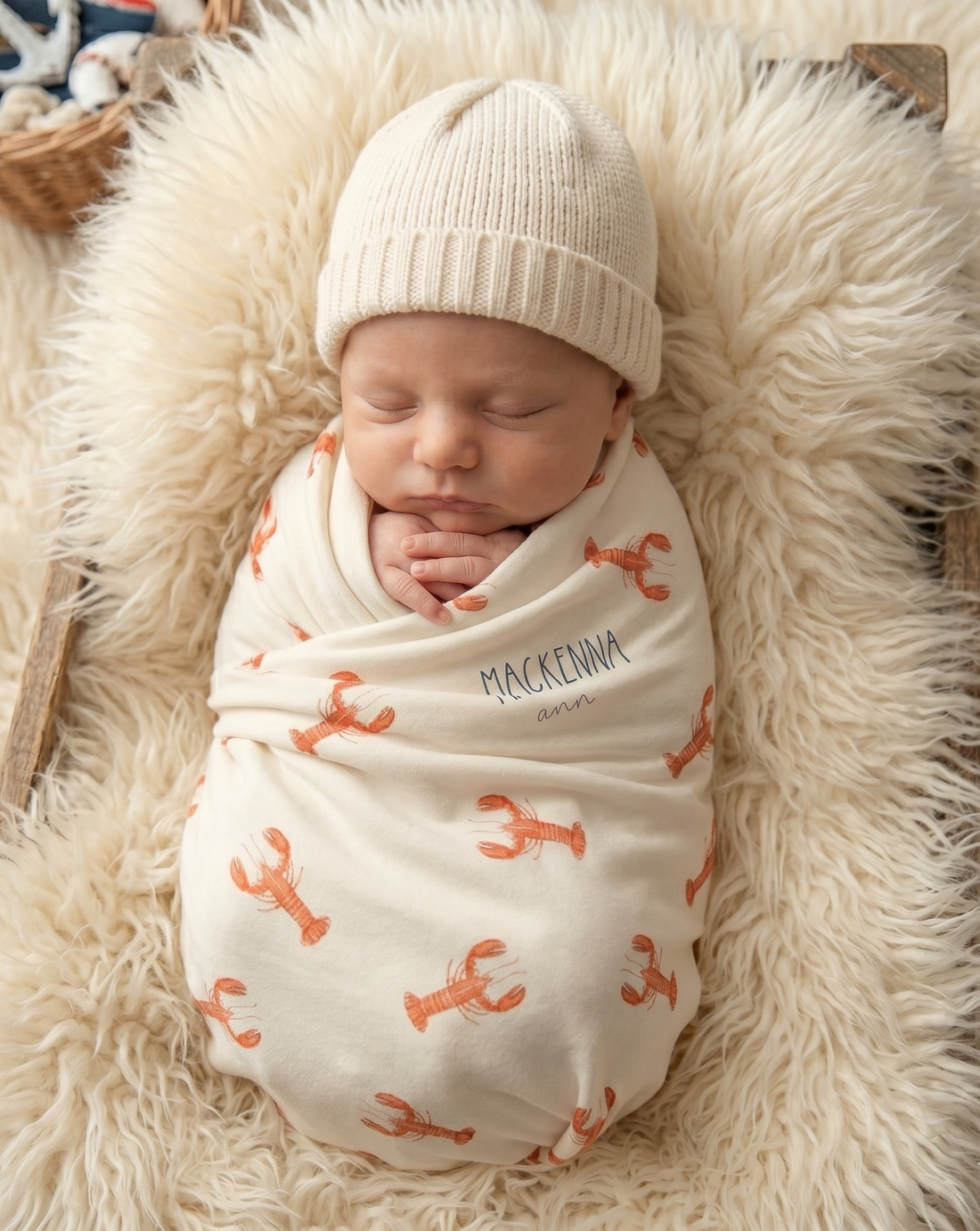 A newborn baby is peacefully sleeping, swaddled in a white blanket with an orange lobster pattern.