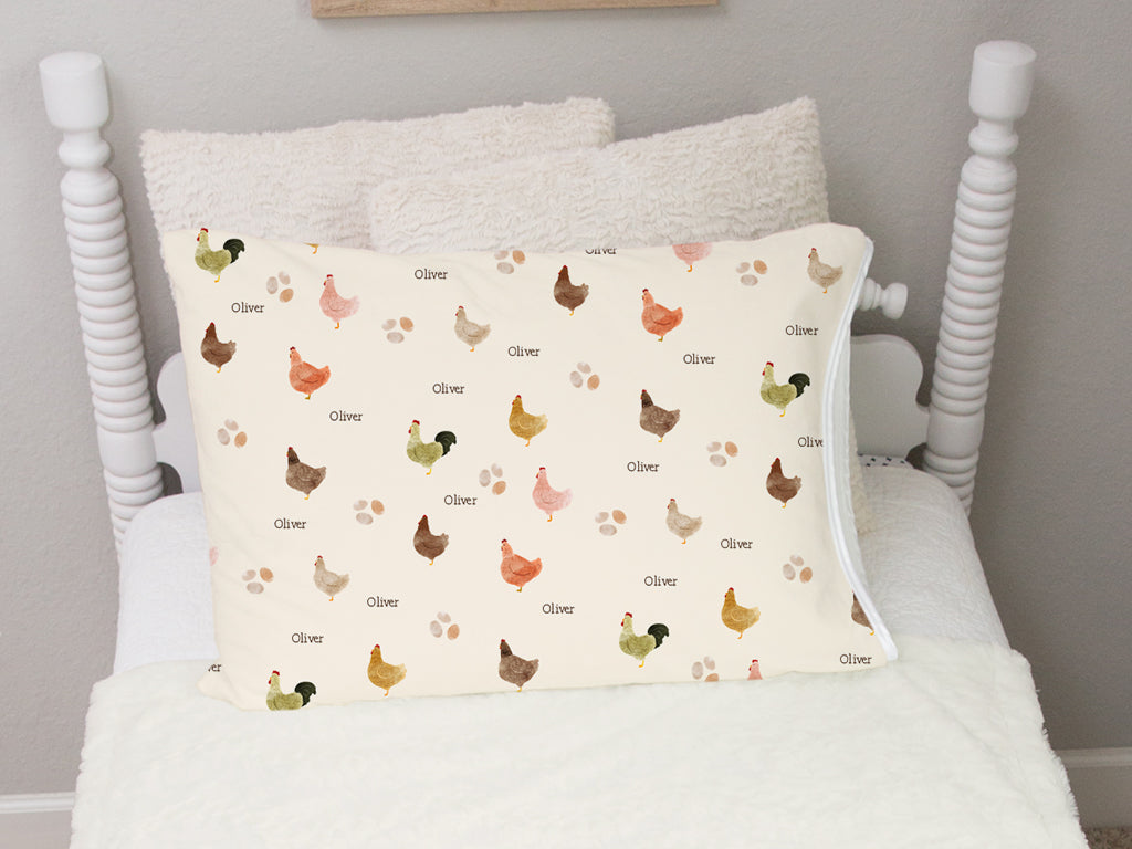 Chicken Print Personalized Pillowcase, Soft Minky, Cute Farm Theme with Name