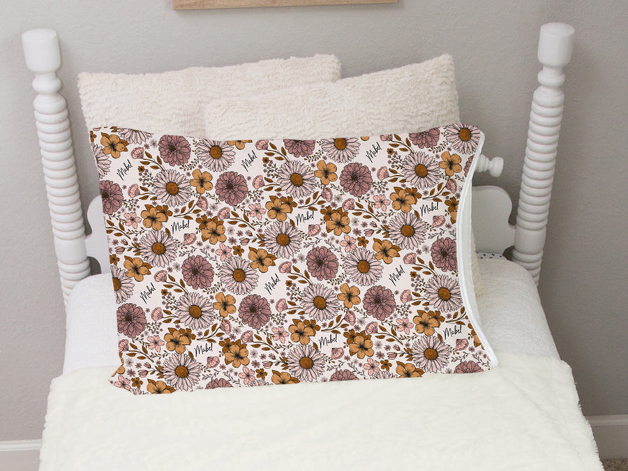 Courtney Floral Personalized Pillowcase, Soft Minky, Retro Boho Flowers