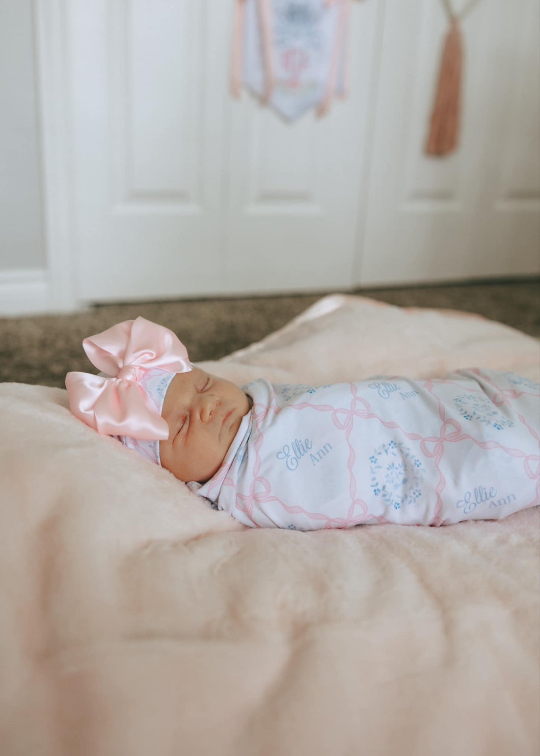 Pink Heirloom Bows Stretchy Swaddle Blanket