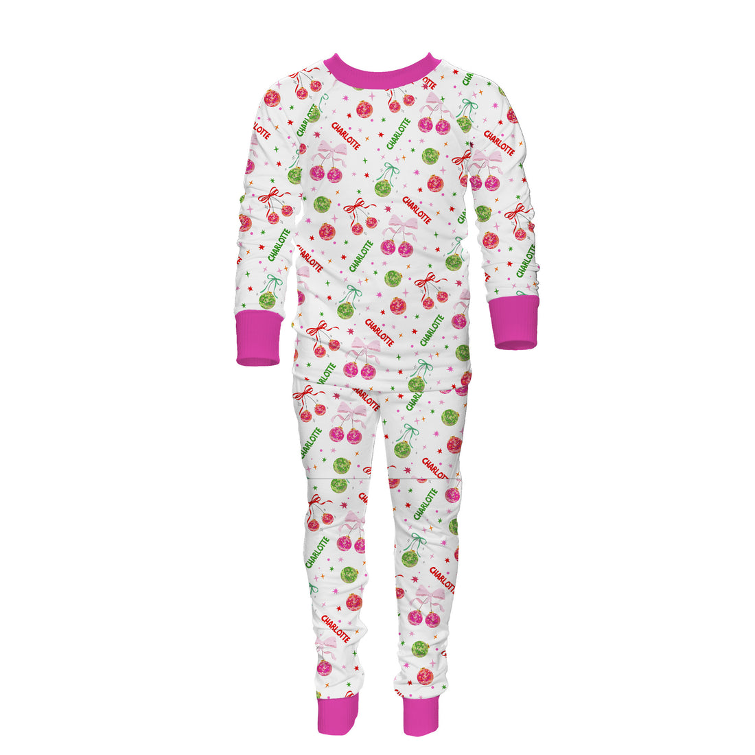 Children's Christmas pajama set with green and red disco ball ornament pattern with girl's name on a white background