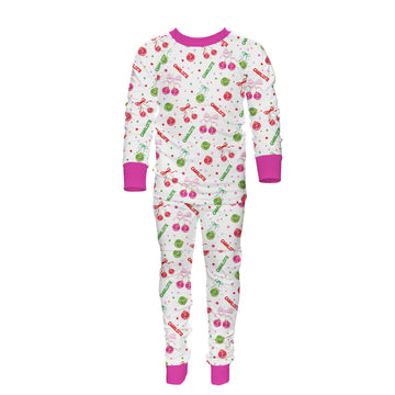 Children's Christmas pajama set with green and red disco ball ornament pattern with girl's name on a white background