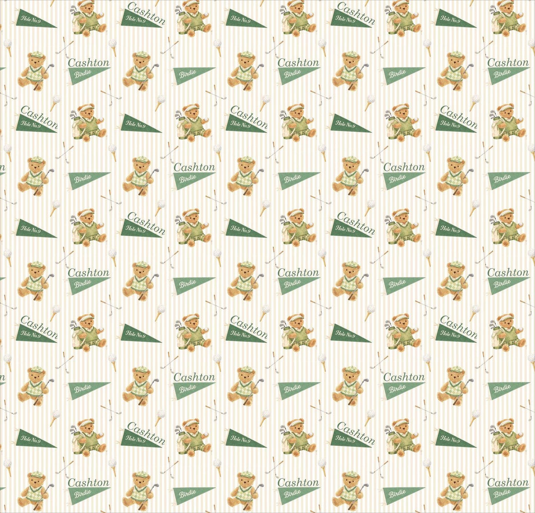a repeating pattern of green and white teddy bears wearing hats and holding golf clubs, arranged in a grid-like pattern.