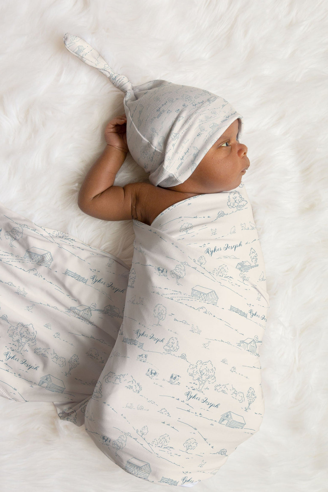 Farmhouse Toile Stretchy Baby Swaddle - Personalized Newborn Blanket Blue or Green