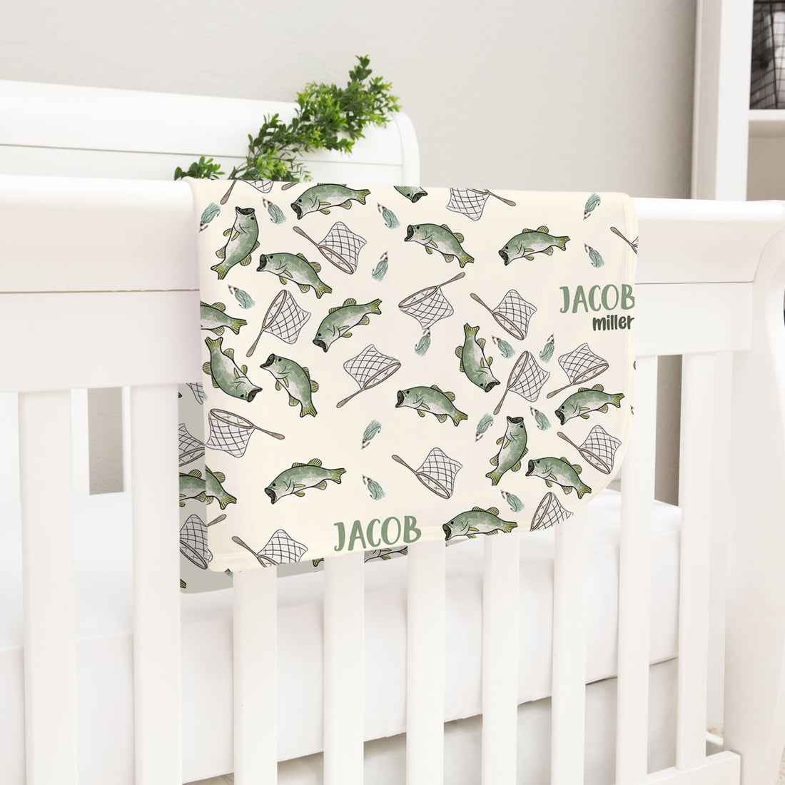 Bass Fisherman Personalized Keepsake Baby Blanket, Satin Bound Fishing Baby Boy Blankie