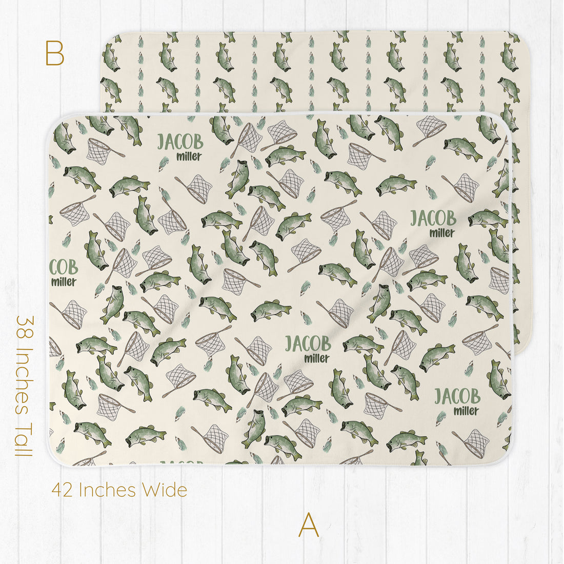 Two placemats with fishing-themed pattern and baby's name on a white background.