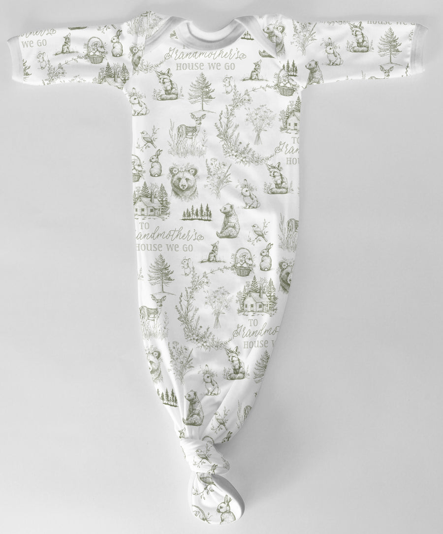 "To Grandmother's House We Go" Green Infant Tie Gown • Long Sleeve Newborn Sleepwear