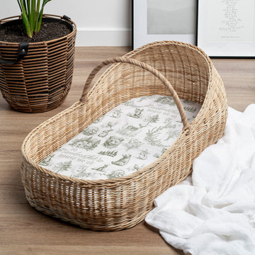 "To Grandmother's House We Go" Green Toile Bassinet Sheet • Fitted Newborn Bed Sheet for Cottagecore Nursery