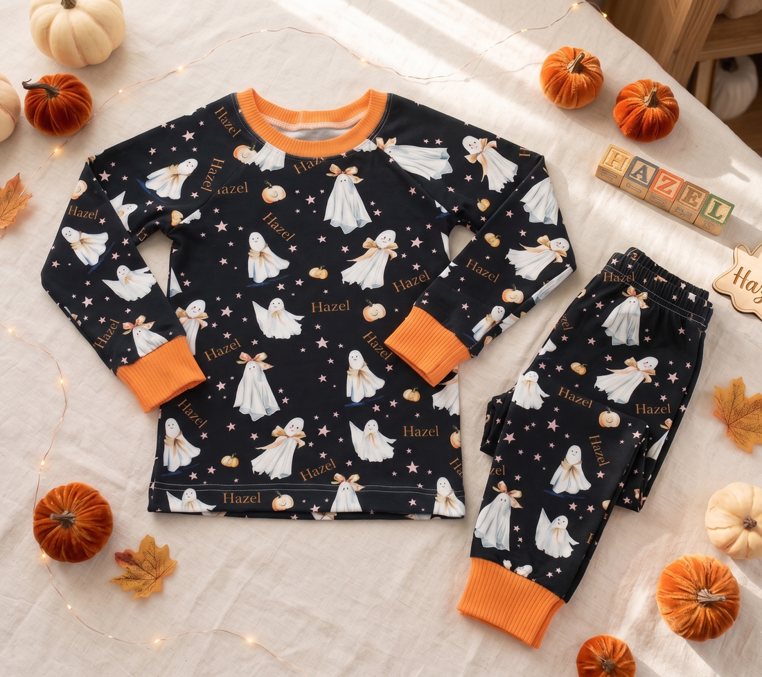 Halloween Pajamas Girls - Personalized Pumpkin Print PJs With Pink Bows (Copy)