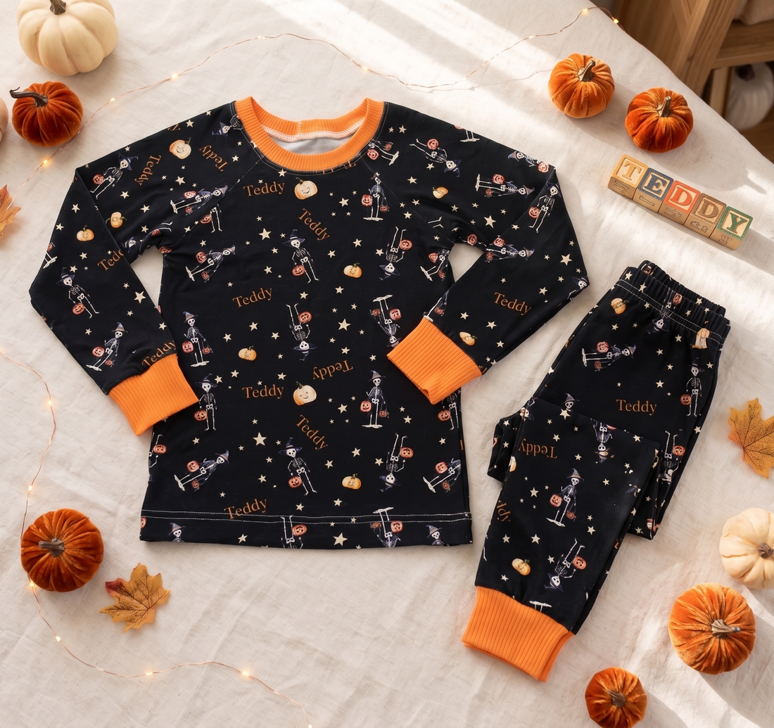 Halloween Pajamas Girls - Personalized Pumpkin Print PJs With Pink Bows (Copy)