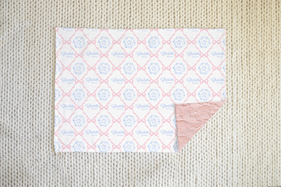 Pink Heirloom Bows Minky Personalized Baby Deluxe Blanket