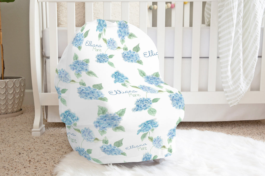 Baby Car Seat Cover Hydrangea Floral, Light Blue Nursing Cover Canopy for Girls, Stretchy Infant Cover