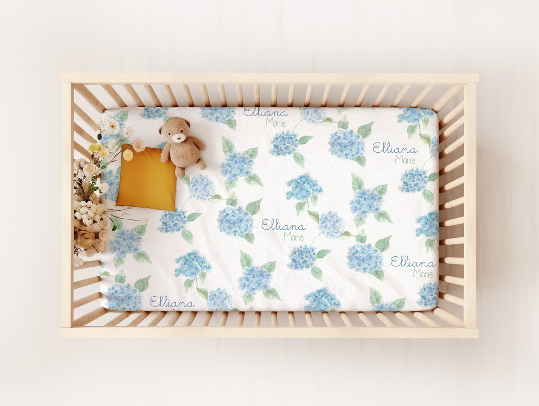 Hydrangeas Personalized Crib Sheet - Light Blue Floral Fitted Sheet for Standard Crib Mattress, Blue Nursery Decor