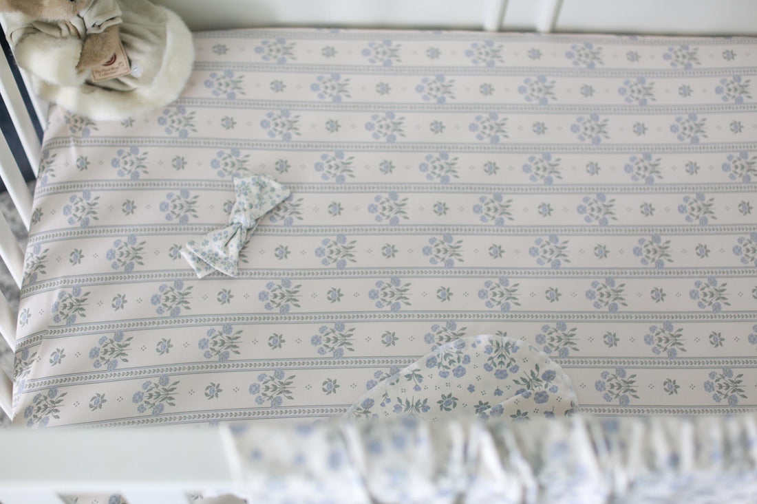 Antique Plum Floral Crib Sheet and Swaddle Set with Headband, Striped Baby Girl Nursery Bedding Gift