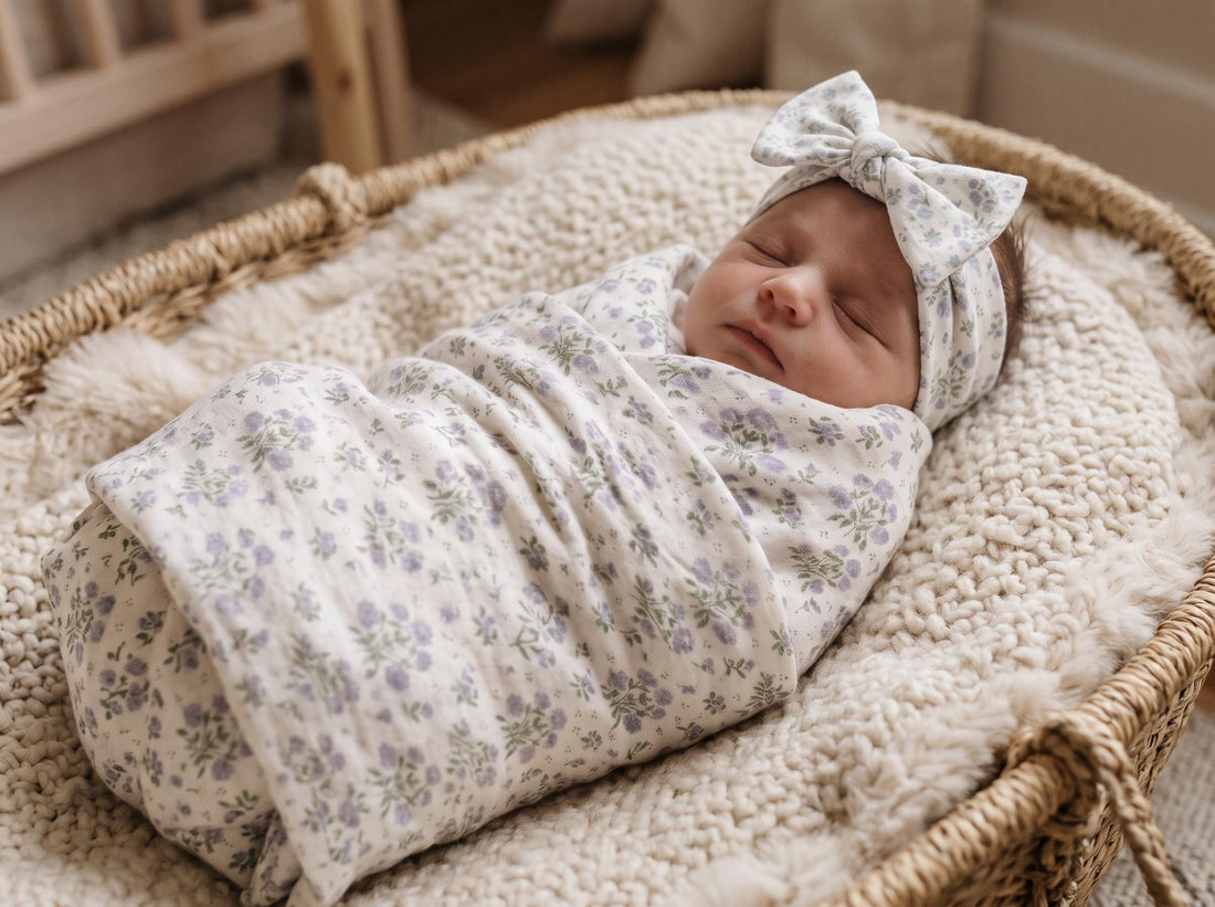 Antique Plum Floral Crib Sheet and Swaddle Set with Headband, Striped Baby Girl Nursery Bedding Gift