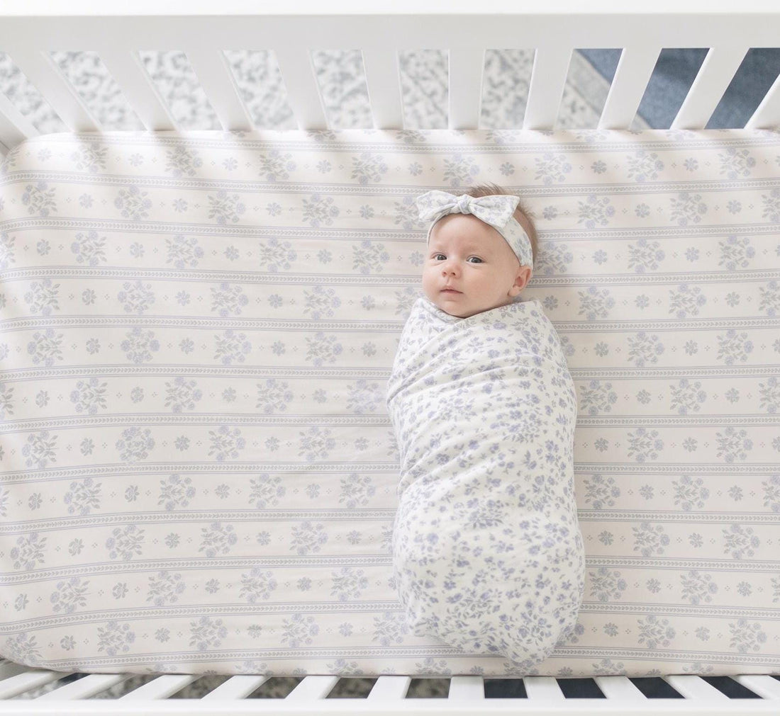 Antique Plum Floral Crib Sheet and Swaddle Set with Headband, Striped Baby Girl Nursery Bedding Gift