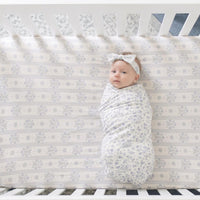 Antique Plum Floral Crib Sheet and Swaddle Set with Headband, Striped Baby Girl Nursery Bedding Gift