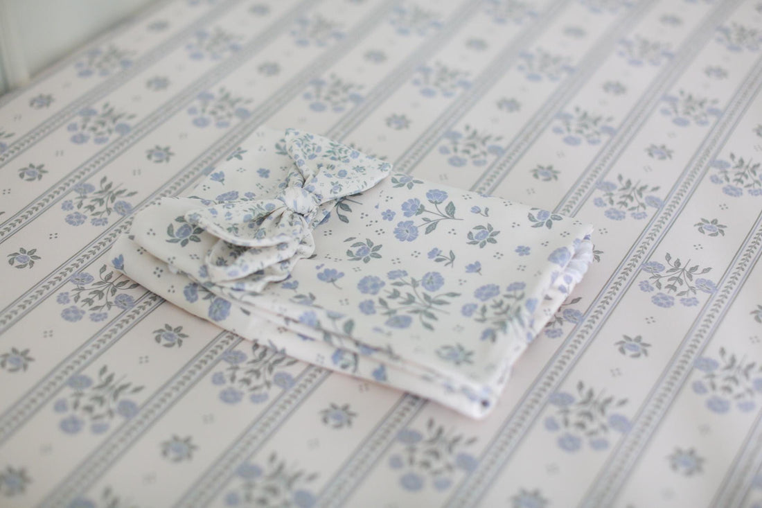 Antique Plum Floral Crib Sheet and Swaddle Set with Headband, Striped Baby Girl Nursery Bedding Gift