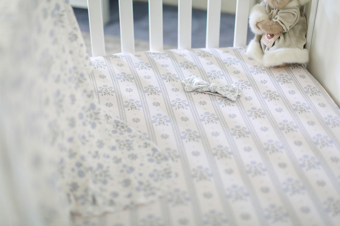 Antique Plum Floral Crib Sheet and Swaddle Set with Headband, Striped Baby Girl Nursery Bedding Gift