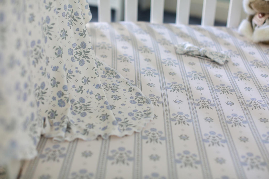 Antique Plum Floral Crib Sheet and Swaddle Set with Headband, Striped Baby Girl Nursery Bedding Gift