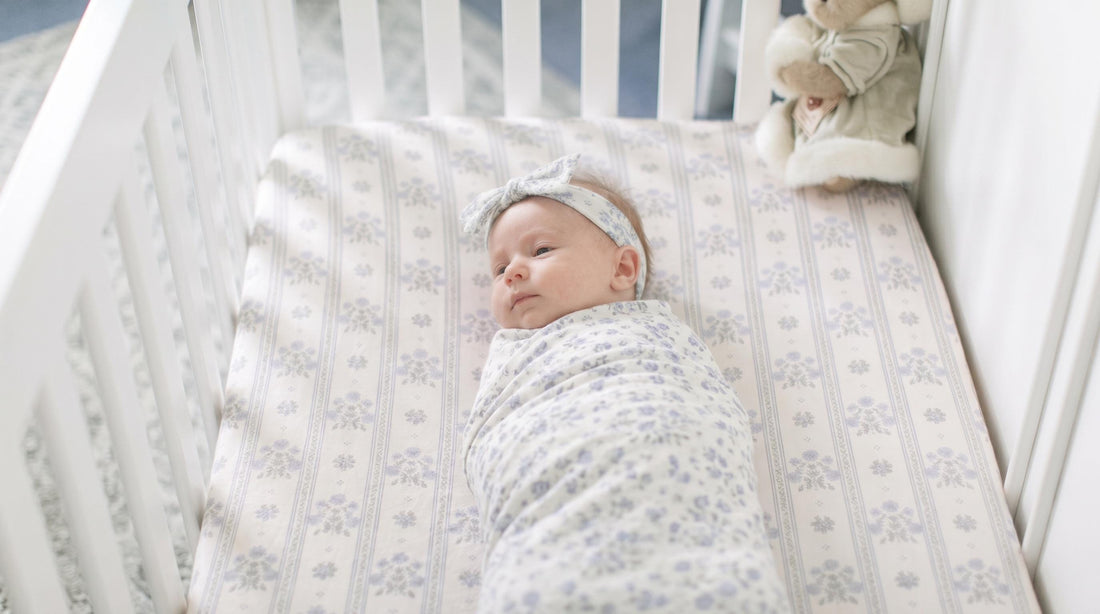 Antique Plum Floral Crib Sheet and Swaddle Set with Headband, Striped Baby Girl Nursery Bedding Gift