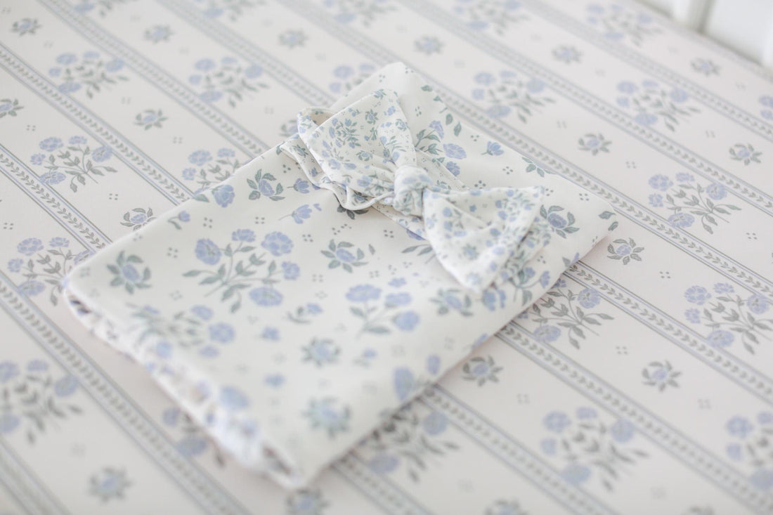 Antique Plum Floral Crib Sheet and Swaddle Set with Headband, Striped Baby Girl Nursery Bedding Gift