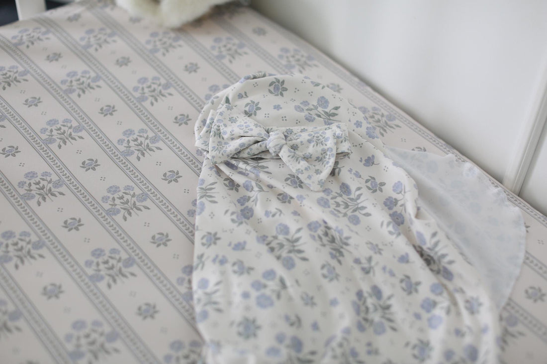 Antique Plum Floral Crib Sheet and Swaddle Set with Headband, Striped Baby Girl Nursery Bedding Gift