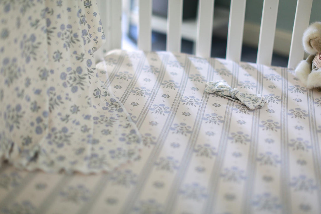 Antique Plum Floral Crib Sheet and Swaddle Set with Headband, Striped Baby Girl Nursery Bedding Gift