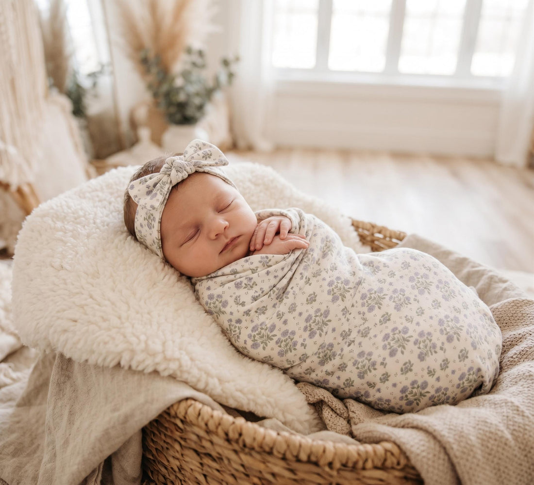 Antique Plum Floral Crib Sheet and Swaddle Set with Headband, Striped Baby Girl Nursery Bedding Gift
