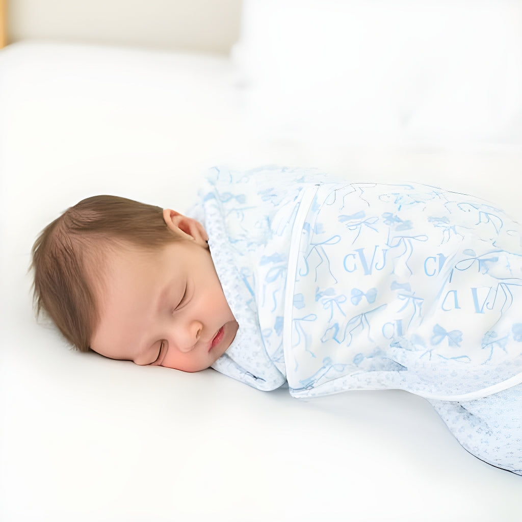 Monogram Blue Bows Swaddle for Baby Girl