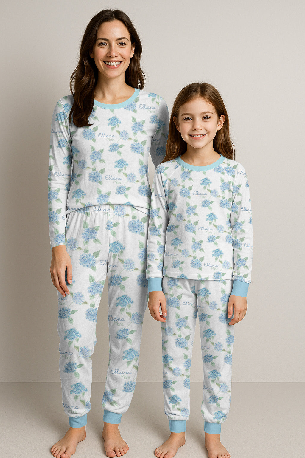 Hydrangeas Kids Pajamas, Light Blue Floral Girls PJ Set, Ultra Soft Stretchy Knit Sleepwear