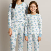 Hydrangeas Kids Pajamas, Light Blue Floral Girls PJ Set, Ultra Soft Stretchy Knit Sleepwear