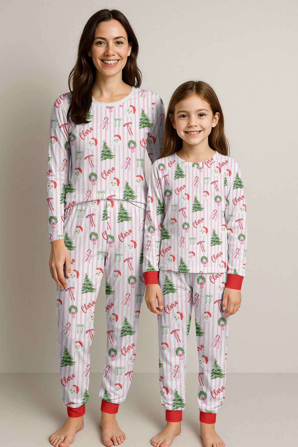 Pink Stripe Santa Pajamas | Personalized Christmas PJs – Soft Stretchy Sleepwear for Women