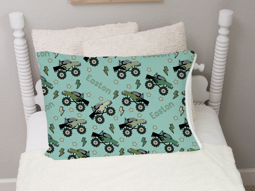 Personalized Monster Trucks Pillowcase – Soft Minky, Fun Gift for Boys