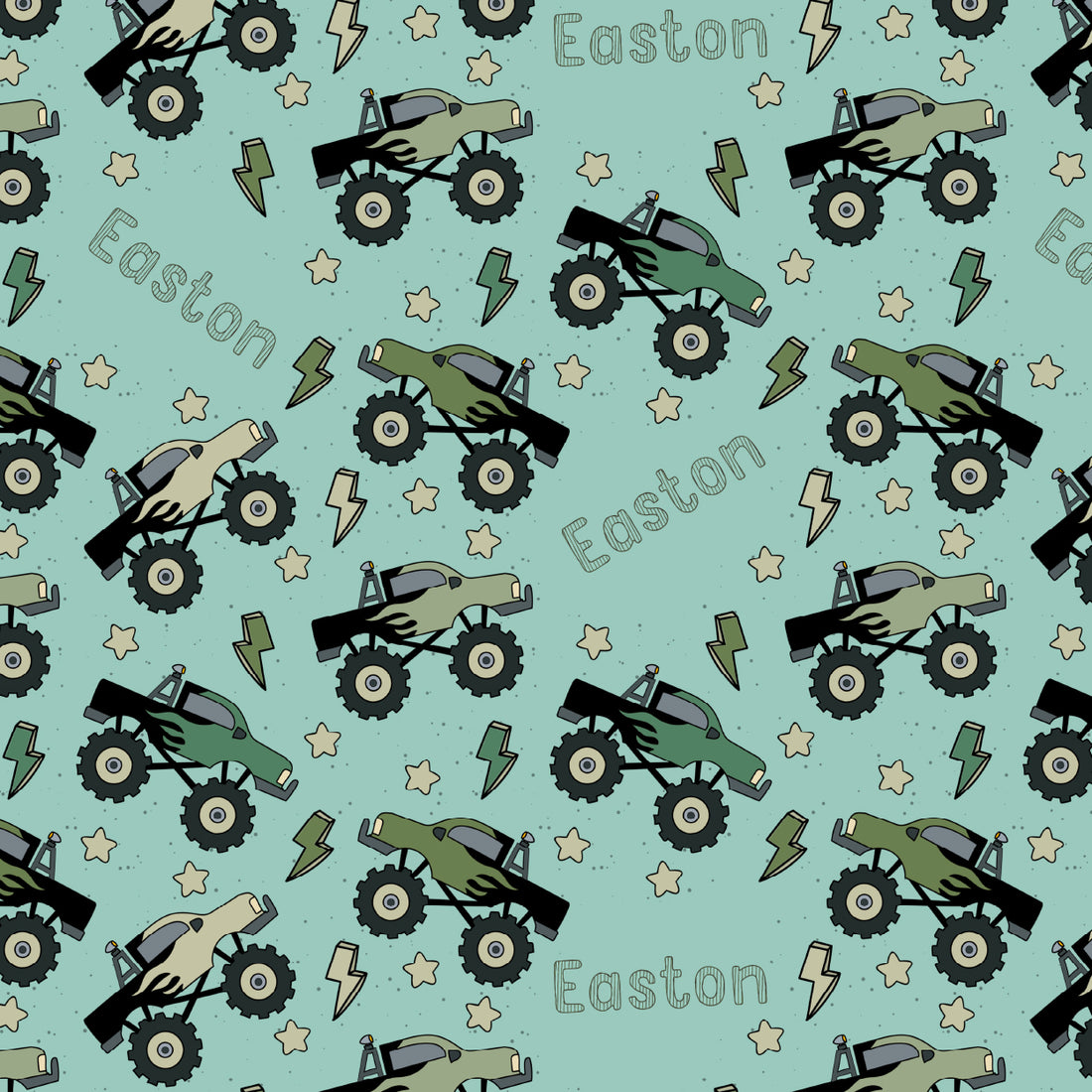 Personalized Monster Truck Pajamas for Boys – Custom Name, Cool Green Monster Truck PJs for Kids