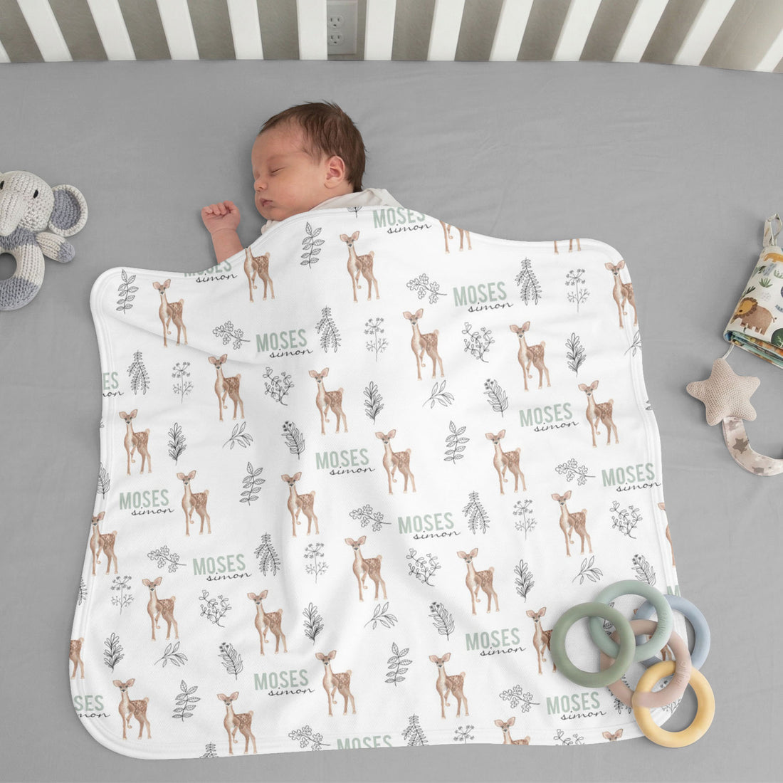 Personalized Keepsake Baby Blanket -- Moses Deer Woodland Nursery Heirloom Gift